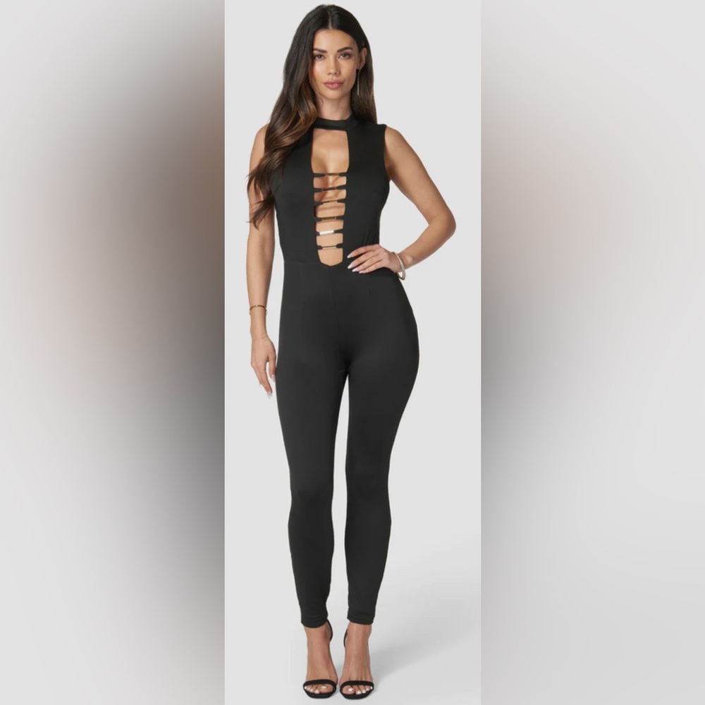 Bebe Gold Bar Detail Jumpsuit Jet Black Women’s XS  Style SALT749 NWT